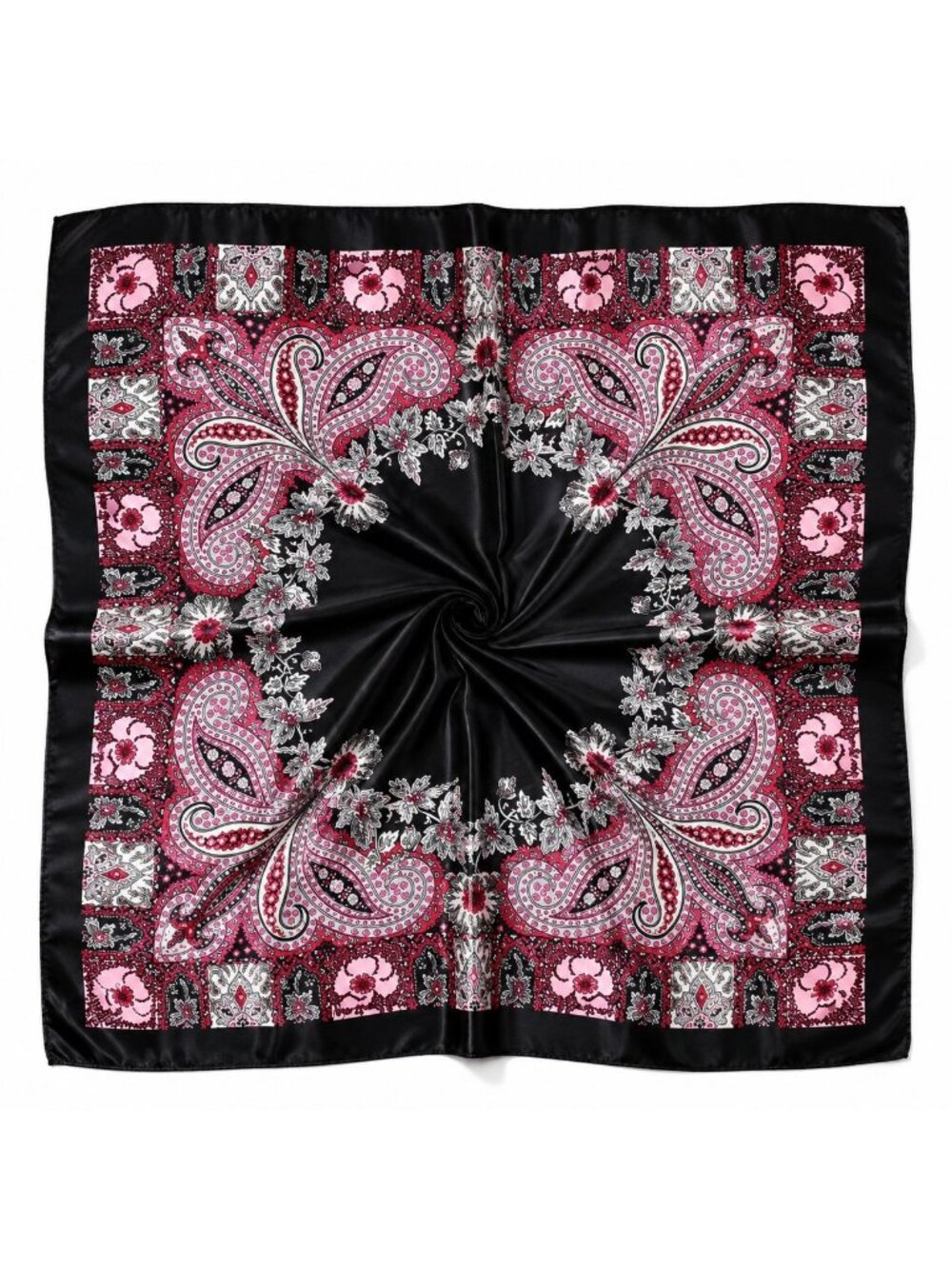BLACK PINK SATIN WILD RAG SCARF | 35x35 PAISLEY SCARF | WESTERN COWGIRL SCARF |